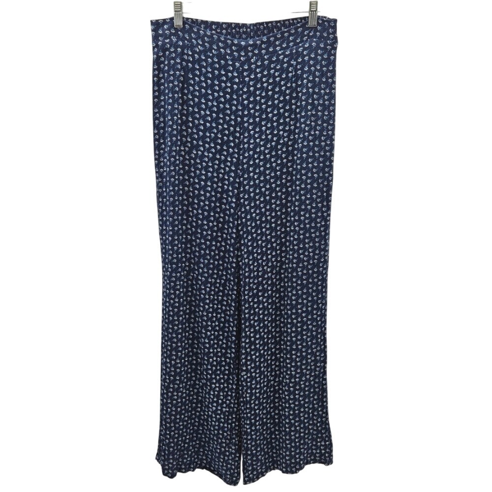 WAYF Floral Print Palazzo Pants Wide Leg Blue White Elastic Waist Comfy‎ Casual